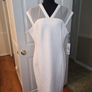 Calvin Klein White Mesh-Yoke V-Neck Midi Dress